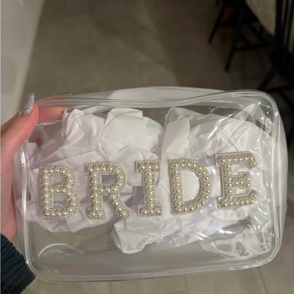 Clear Bride Makeup Bag with Pearl Accents